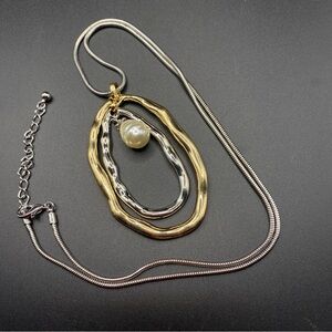 Mixed Metals Pearl Dangle On Long Serpentine Chain Necklace